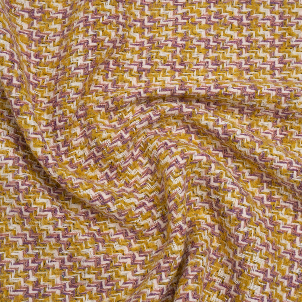 Wool Blend Tweed Twill Made in Italy – Mustard Yellow, White and Light Purple – Deadstock Wool Blend Tweed Twill Made in Italy – Mustard Yellow, White and Light Purple – Deadstock
