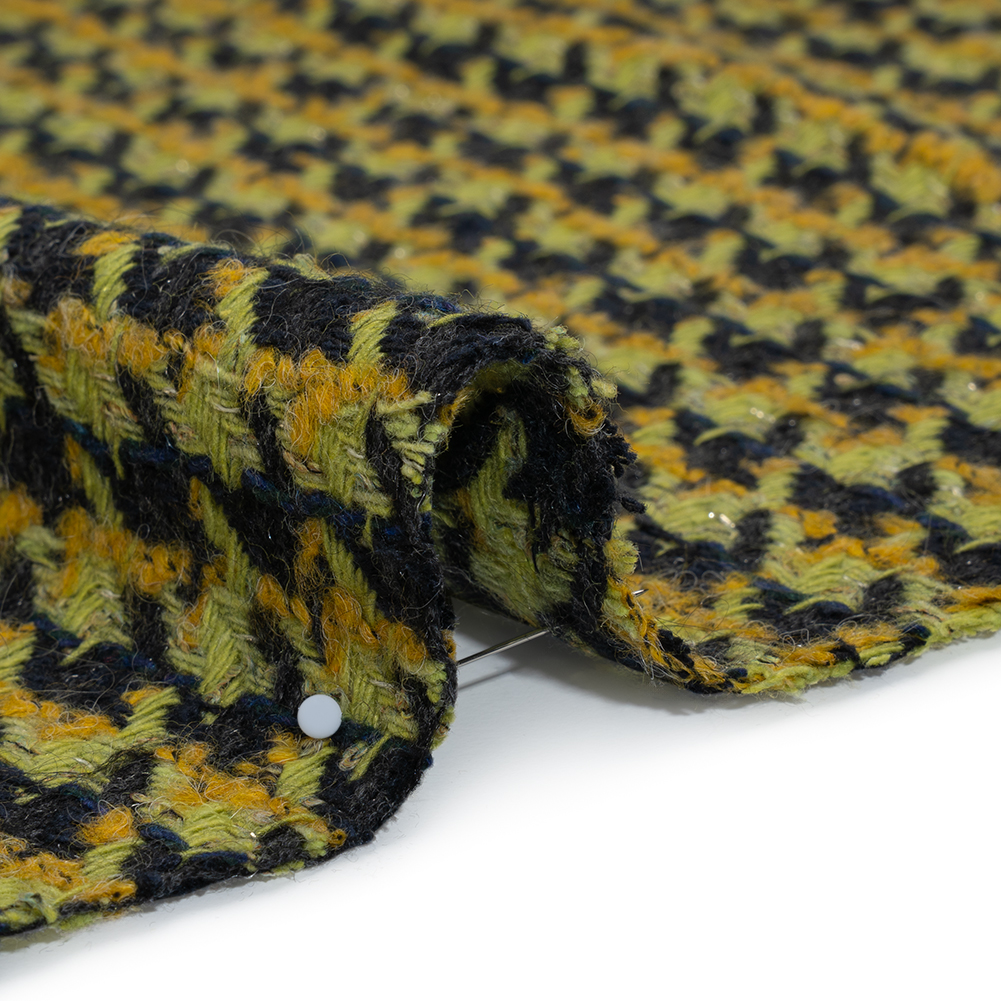 Metallic Wool Blend Tweed Boucle Twill Made in Italy – Forest Green, Lime and Mustard Yellow Houndstooth Metallic Wool Blend Tweed Boucle Twill Made in Italy – Forest Green, Lime and Mustard Yellow Houndstooth
