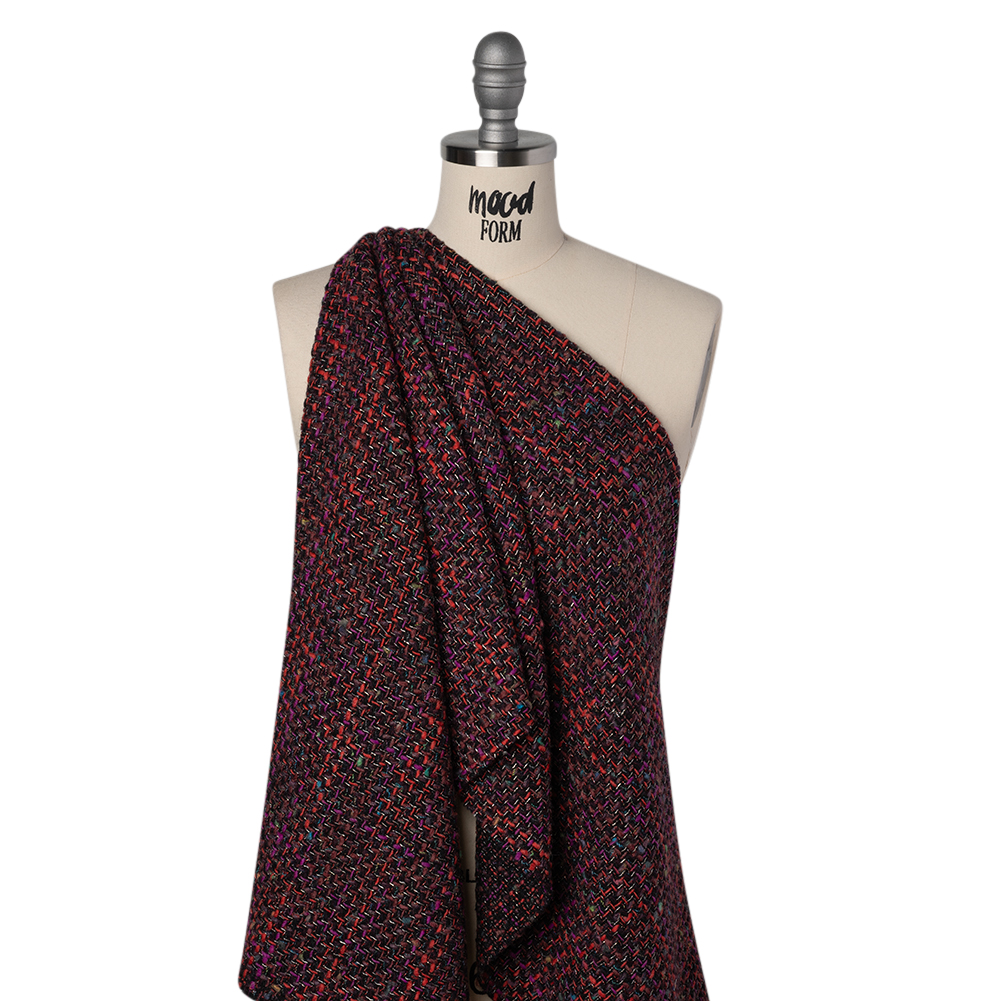 Metallic Wool Blend Tweed Made in Italy – Black, Red and Purple Striated – Deadstock Metallic Wool Blend Tweed Made in Italy – Black, Red and Purple Striated – Deadstock