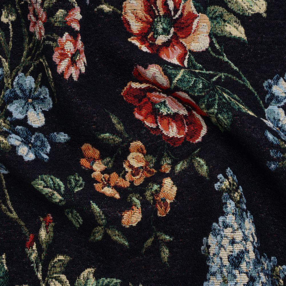 Wool and Polyamide Boucle Jacquard – Blue, Red and Black Classic Florals – Deadstock Wool and Polyamide Boucle Jacquard – Blue, Red and Black Classic Florals – Deadstock