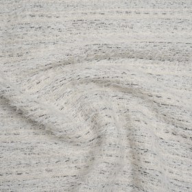 Metallic Wool Blend Tweed with Eyelash Fringe Made in Italy – White, Charcoal and Silver Stripes Metallic Wool Blend Tweed with Eyelash Fringe Made in Italy – White, Charcoal and Silver Stripes