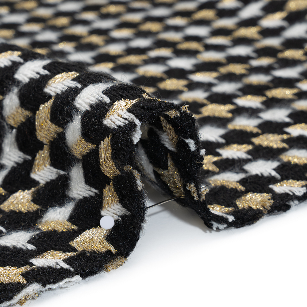 Metallic Wool and Acrylic Tweed Twill – Black, Gold and White Geometric – Deadstock Metallic Wool and Acrylic Tweed Twill – Black, Gold and White Geometric – Deadstock
