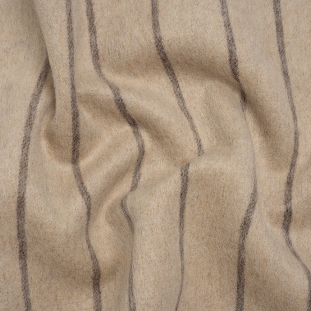 Brushed Wool Double Cloth Coating – Beige and Taupe Chalk Stripes – Deadstock Brushed Wool Double Cloth Coating – Beige and Taupe Chalk Stripes – Deadstock