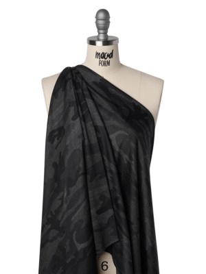 Lightweight Polyester Jersey Print – Black and Charcoal Subtle Camouflage – Deadstock Lightweight Polyester Jersey Print – Black and Charcoal Subtle Camouflage – Deadstock