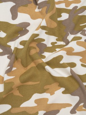 Stretch Cotton 2×2 Rib Knit Print – Cream, Beige and Olive Camouflage – Deadstock Stretch Cotton 2×2 Rib Knit Print – Cream, Beige and Olive Camouflage – Deadstock