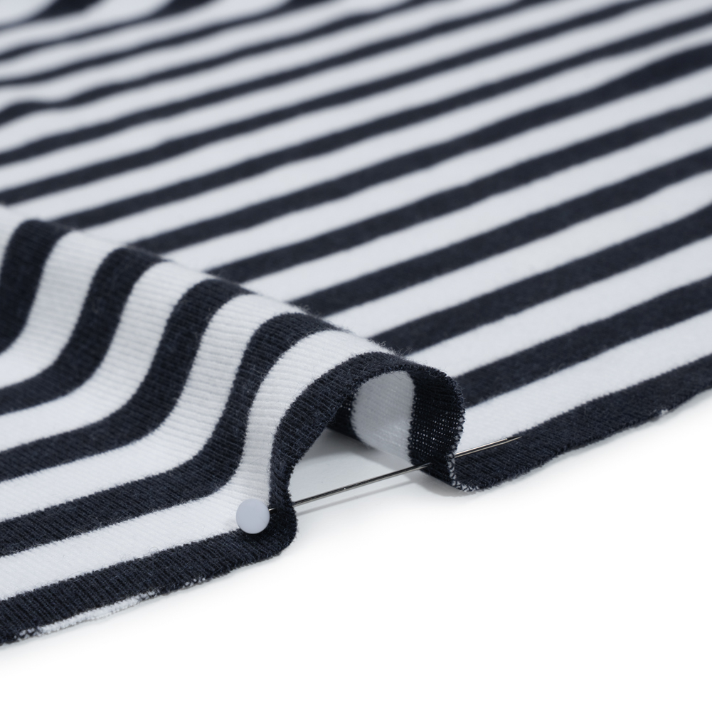 Cotton and Polyester 1×1 Rib Knit – Navy Blue and White Stripes – Deadstock Cotton and Polyester 1×1 Rib Knit – Navy Blue and White Stripes – Deadstock