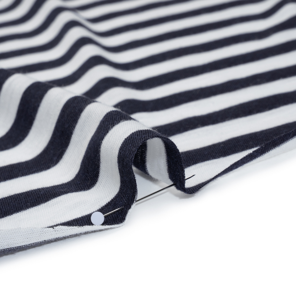 Lightweight Cotton and Polyester Jersey - Navy Blue and White Stripes - Deadstock
