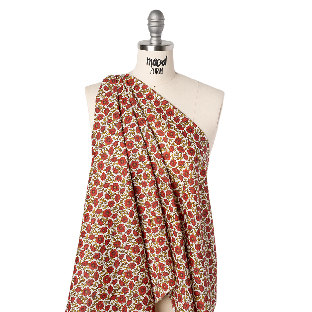 Liberty Fabrics Tana Lawn® – Astell Reece Red – Red and Golden Olive Flower Vines Liberty Fabrics Tana Lawn® – Astell Reece Red – Red and Golden Olive Flower Vines