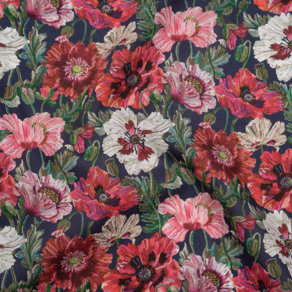 Liberty Fabrics Tana Lawn® – Poppy Amelie Dark Blue – Red, Green and Navy Poppy Flower Field Liberty Fabrics Tana Lawn® – Poppy Amelie Dark Blue – Red, Green and Navy Poppy Flower Field