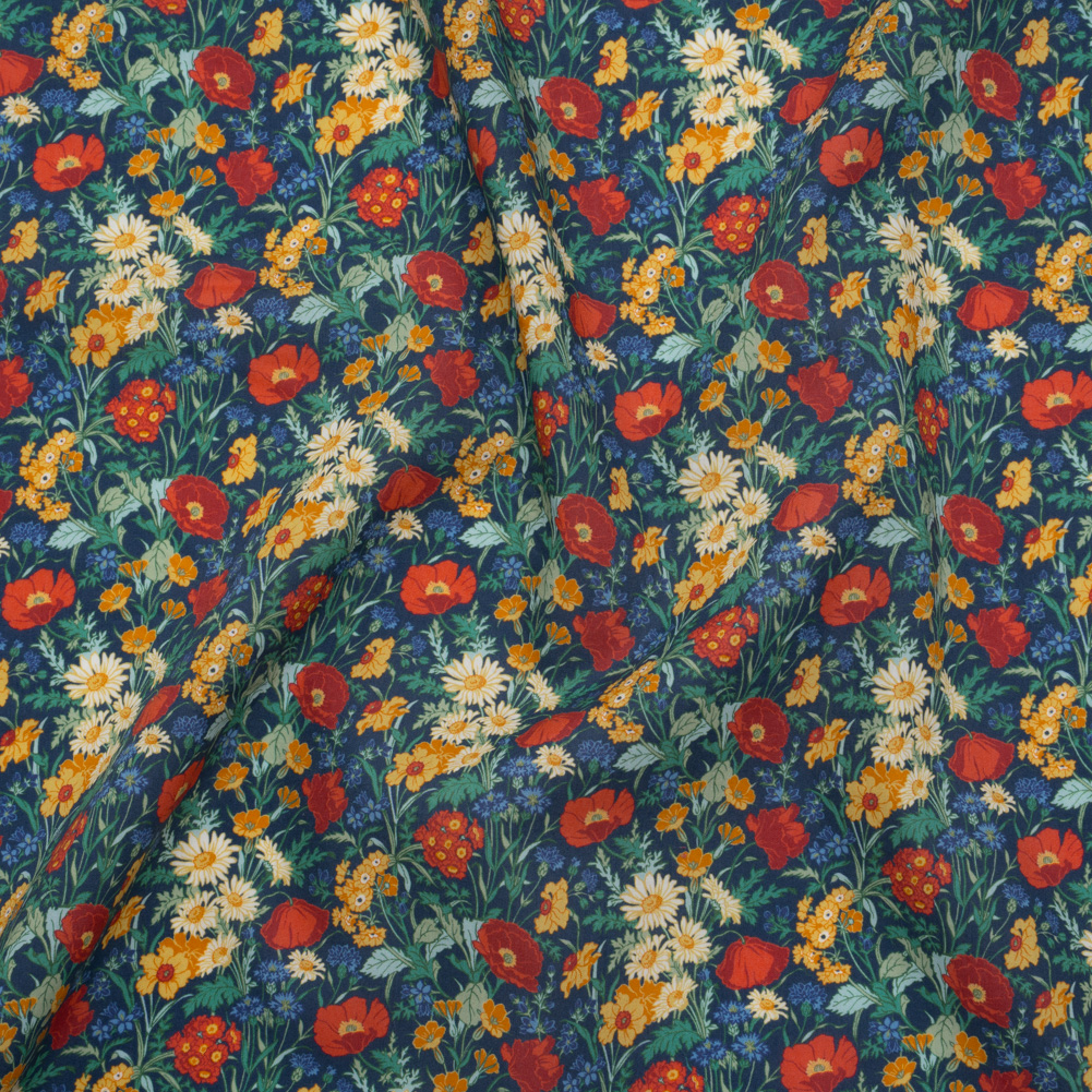 Liberty Fabrics Tana Lawn® – Florence May Dark Blue – Blue, Red and Yellow Wildflower Field Liberty Fabrics Tana Lawn® – Florence May Dark Blue – Blue, Red and Yellow Wildflower Field