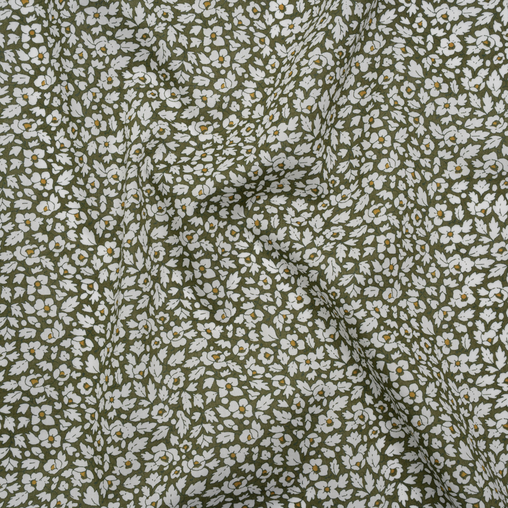 Liberty Fabrics Tana Lawn® – Feather Meadow Green – Olive Green and White Flowers and Leaves Liberty Fabrics Tana Lawn® – Feather Meadow Green – Olive Green and White Flowers and Leaves