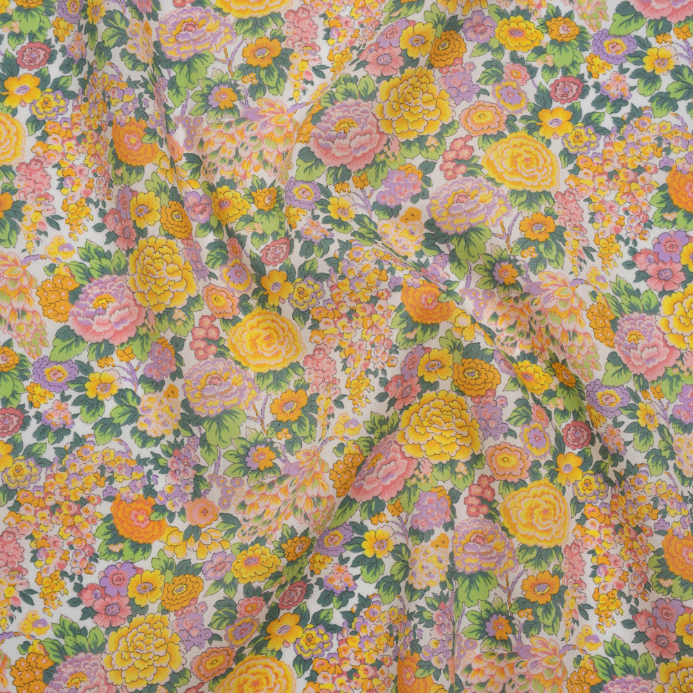 Liberty Fabrics Tana Lawn® – Elysian Day Yellow – Golden Yellow, Light Purple and Green Rosy Blooms Liberty Fabrics Tana Lawn® – Elysian Day Yellow – Golden Yellow, Light Purple and Green Rosy Blooms