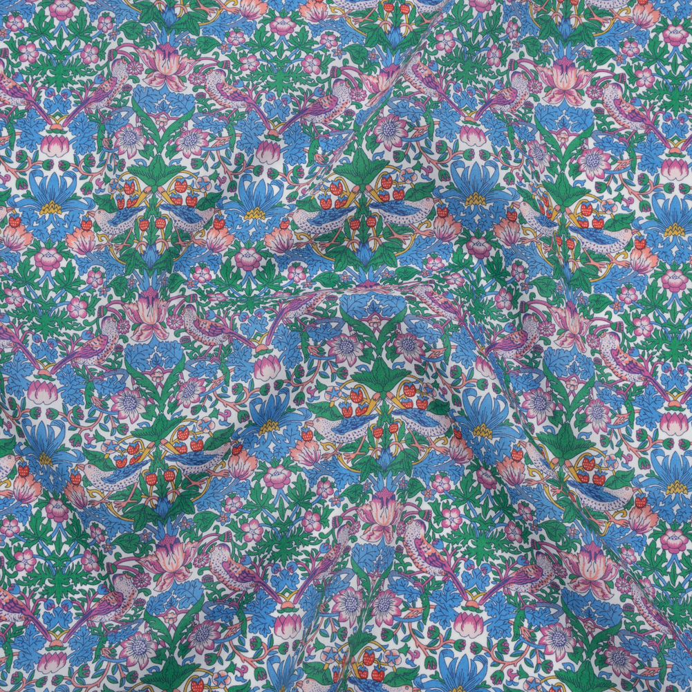 Liberty Fabrics Tana Lawn® – Strawberry Thief Spring Multi Bright – Blue, Green and Pink Birds, Berries and Flowers Liberty Fabrics Tana Lawn® – Strawberry Thief Spring Multi Bright – Blue, Green and Pink Birds, Berries and Flowers