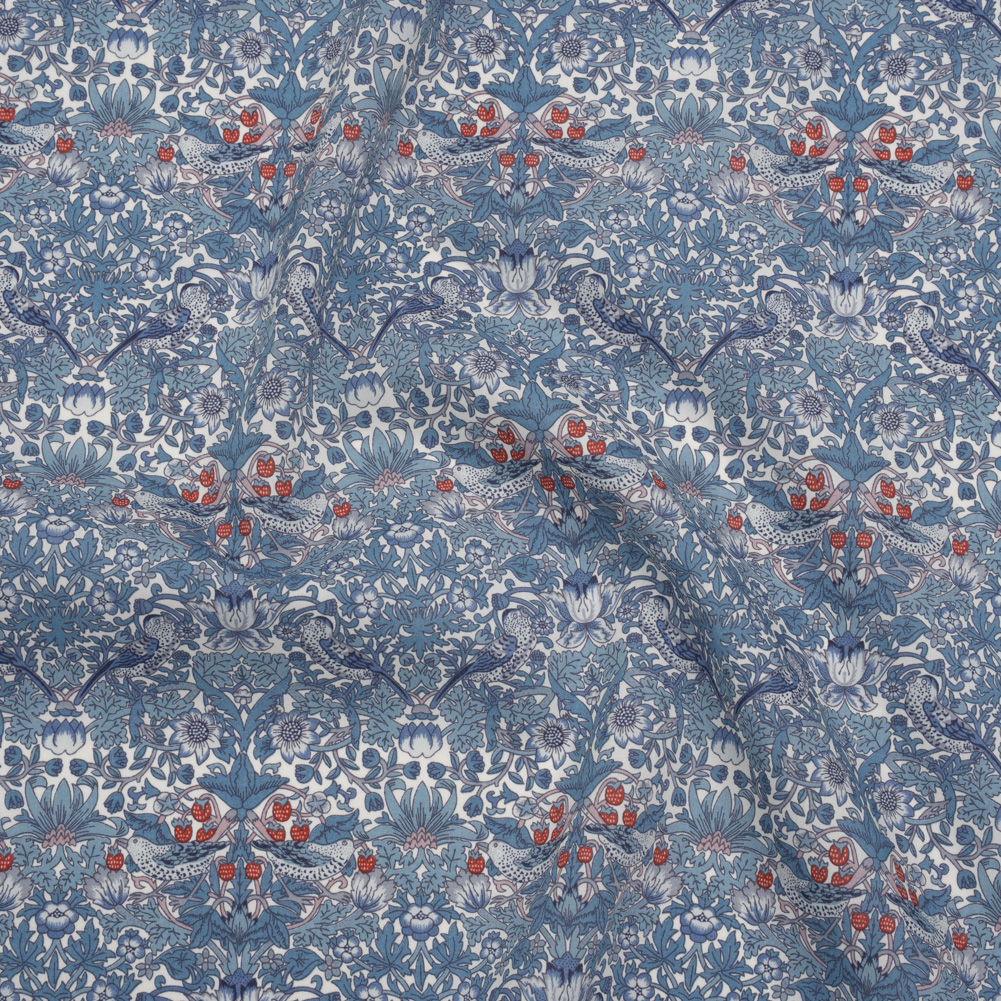 Liberty Fabrics Tana Lawn® – Strawberry Thief Spring Blue – Muted Blue Green, Navy and Red Birds, Berries and Flowers Liberty Fabrics Tana Lawn® – Strawberry Thief Spring Blue – Muted Blue Green, Navy and Red Birds, Berries and Flowers
