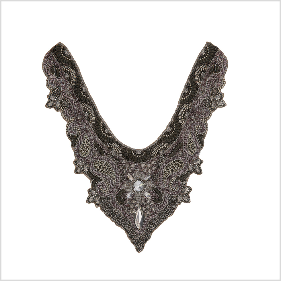 Gunmetal Beaded Rhinestone Neck Applique Gunmetal Beaded Rhinestone Neck Applique