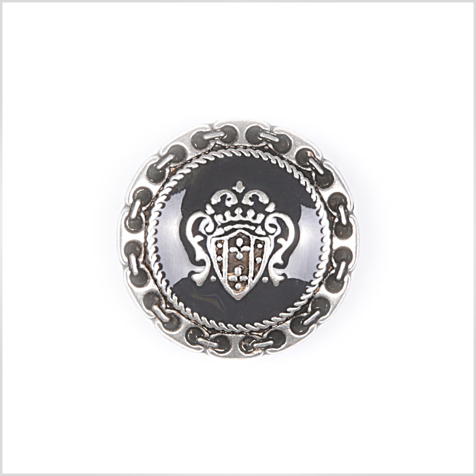 Metal Shank Back Blazer Button – 24L/15mm – Silver and Black Crest and Stitched Links Border Metal Shank Back Blazer Button – 24L/15mm – Silver and Black Crest and Stitched Links Border