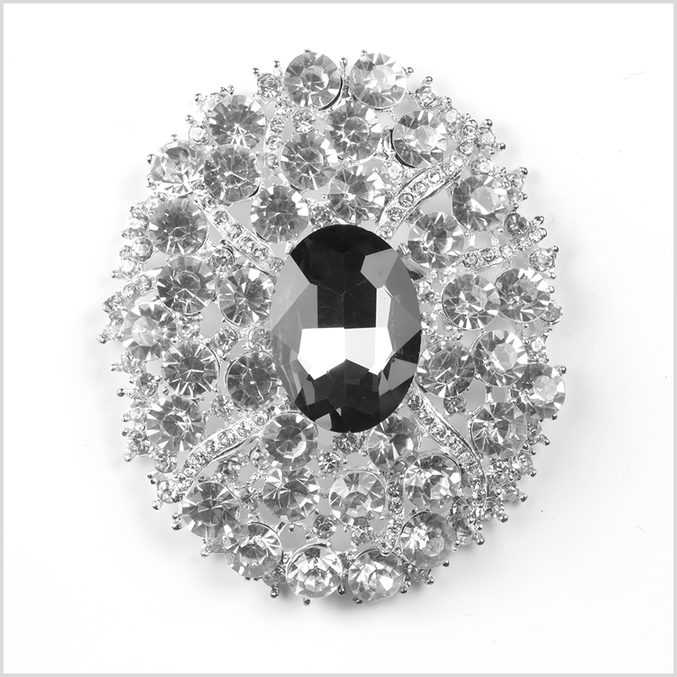 Rhinestone Brooch – 3.125″ x 2.625″ – Silver, Crystal and Black Oval Rhinestone Brooch – 3.125″ x 2.625″ – Silver, Crystal and Black Oval