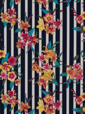 Navy/Multicolored Striped Floral Cotton Poplin Navy/Multicolored Striped Floral Cotton Poplin