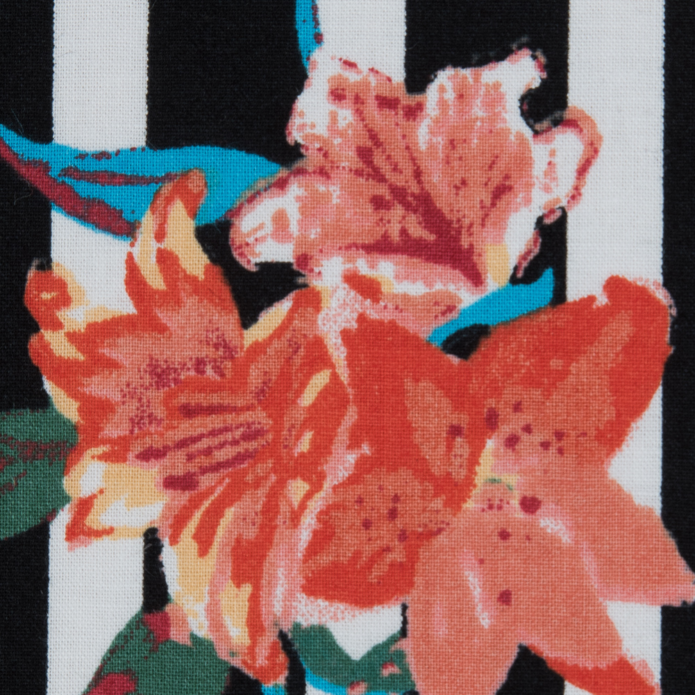 Black/Multicolored Striped Floral Cotton Poplin