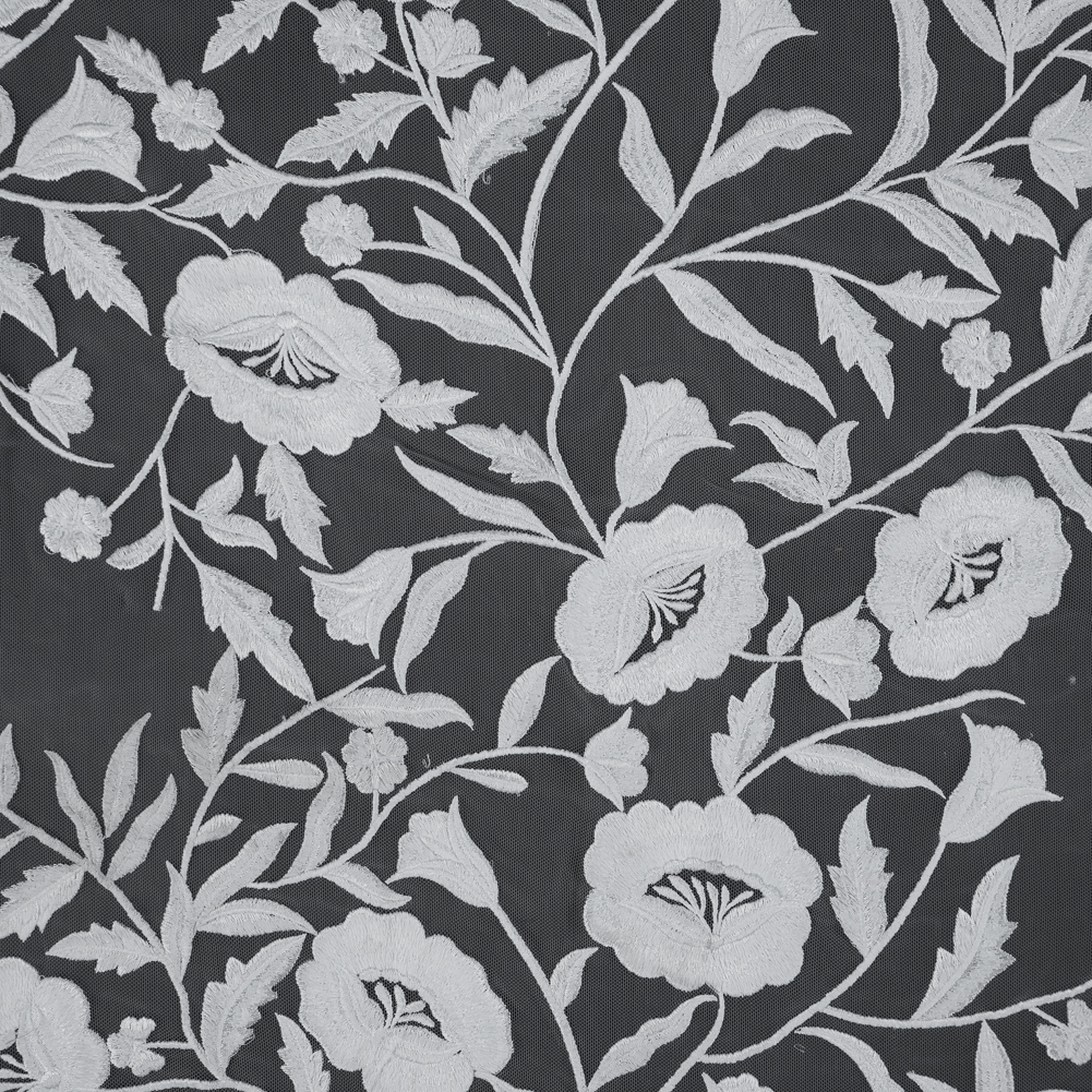 Floral Embroidered Tulle – White on White Floral Embroidered Tulle – White on White