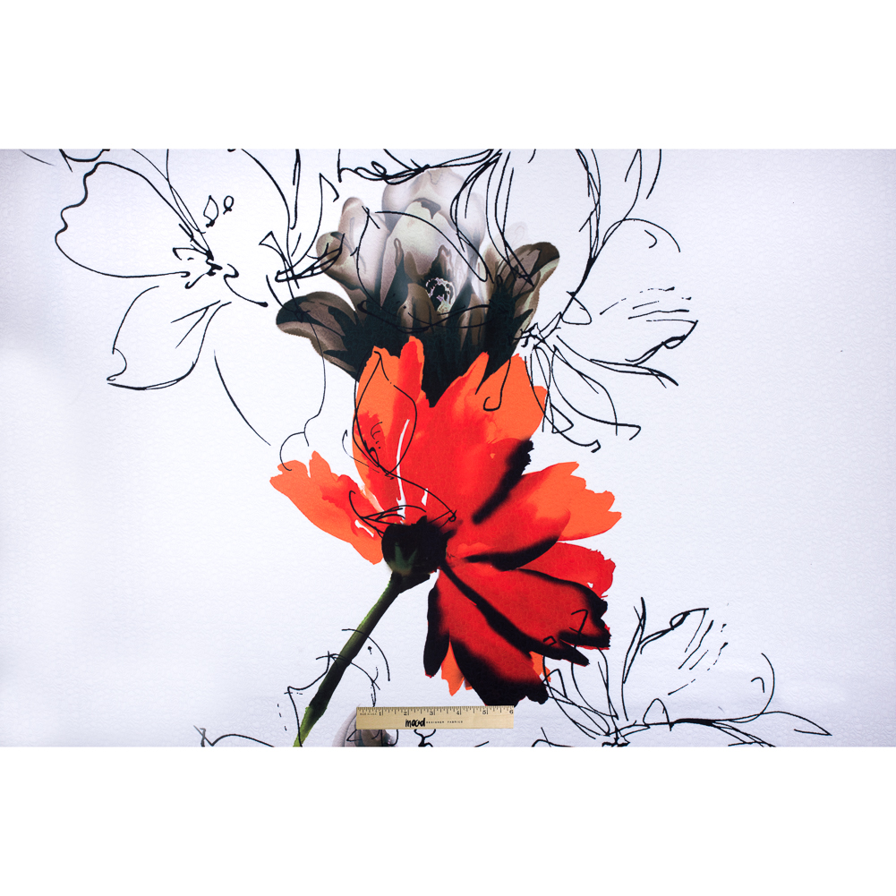 Large Scale Red-Orange Floral Digitally Printed on a Rose Jacquard Large Scale Red-Orange Floral Digitally Printed on a Rose Jacquard