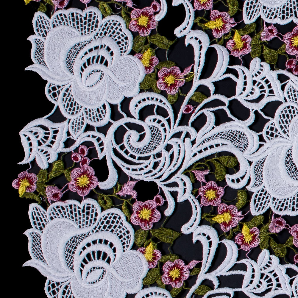 Embroidered Guipure Lace – White and Pink Floral Embroidered Guipure Lace – White and Pink Floral