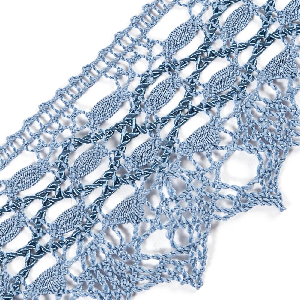 European Light Blue Scalloped Crochet Lace Trim with Satin Ribbon Detail - 2"