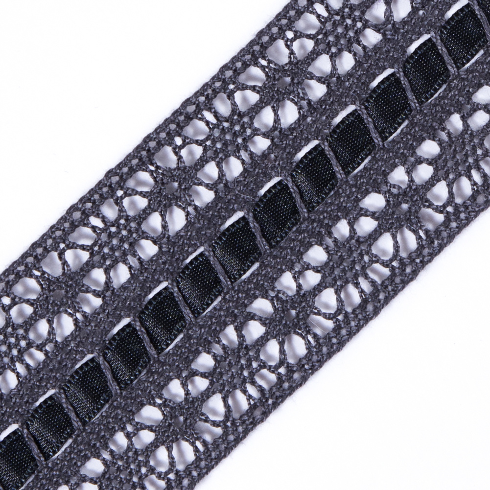 European Gray Crochet Trim with Satin Ribbon Detail - 1.5"