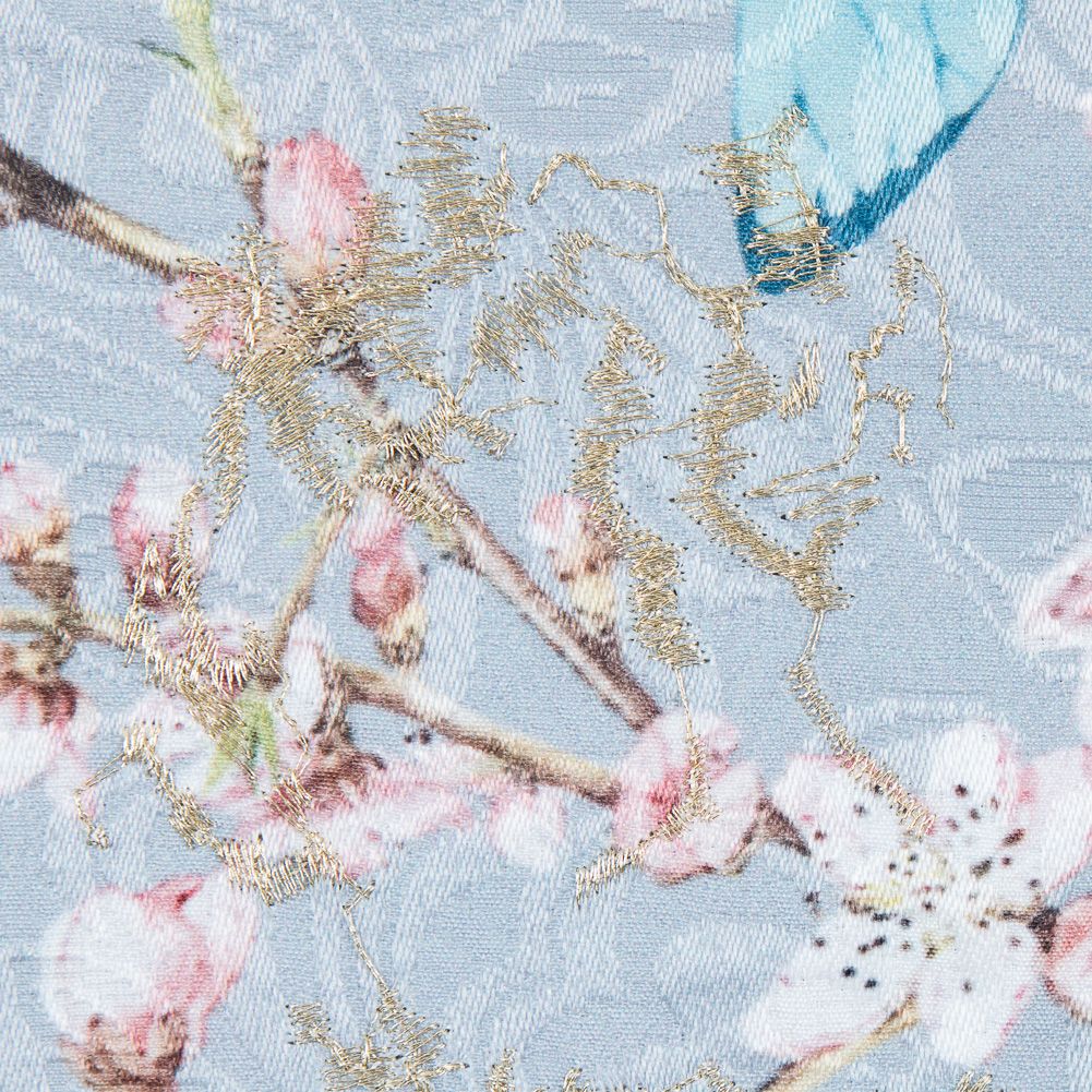 Birds and Branches Digitally Printed on a Gray Butterfly Jacquard with Metallic Gold Embroidery Birds and Branches Digitally Printed on a Gray Butterfly Jacquard with Metallic Gold Embroidery