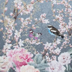 Birds and Branches Digitally Printed on a Gray Butterfly Jacquard with Metallic Gold Embroidery Birds and Branches Digitally Printed on a Gray Butterfly Jacquard with Metallic Gold Embroidery