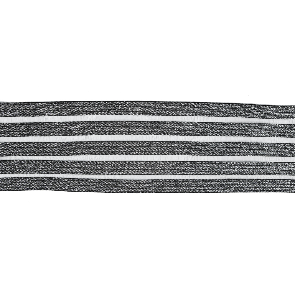 Italian Metallic Silver Elastic Trim with Sheer Stripes – 3.5″ Italian Metallic Silver Elastic Trim with Sheer Stripes – 3.5″