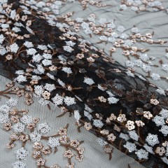Stretch Net with Sequins – White and Copper Fancy Floral Clusters on Black Stretch Net with Sequins – White and Copper Fancy Floral Clusters on Black