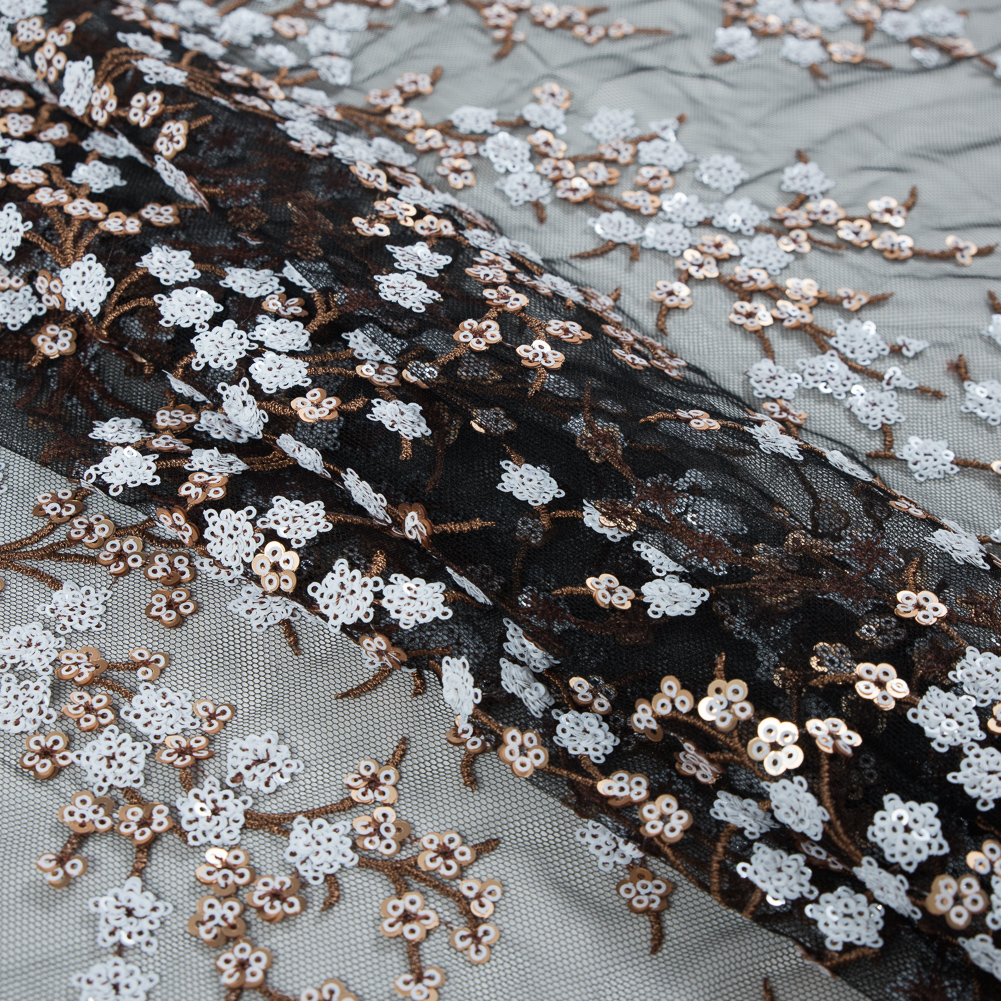Stretch Net with Sequins – White and Copper Fancy Floral Clusters on Black Stretch Net with Sequins – White and Copper Fancy Floral Clusters on Black