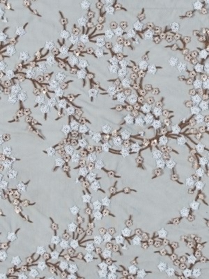 Stretch Net with Sequins – White and Copper Fancy Floral Clusters on Black Stretch Net with Sequins – White and Copper Fancy Floral Clusters on Black