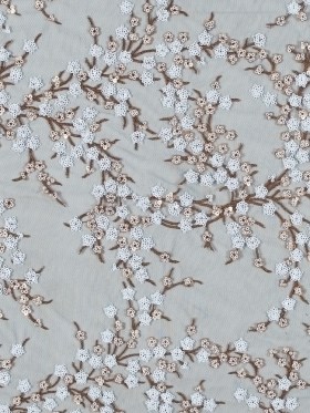 Stretch Net with Sequins – White and Copper Fancy Floral Clusters on Black Stretch Net with Sequins – White and Copper Fancy Floral Clusters on Black