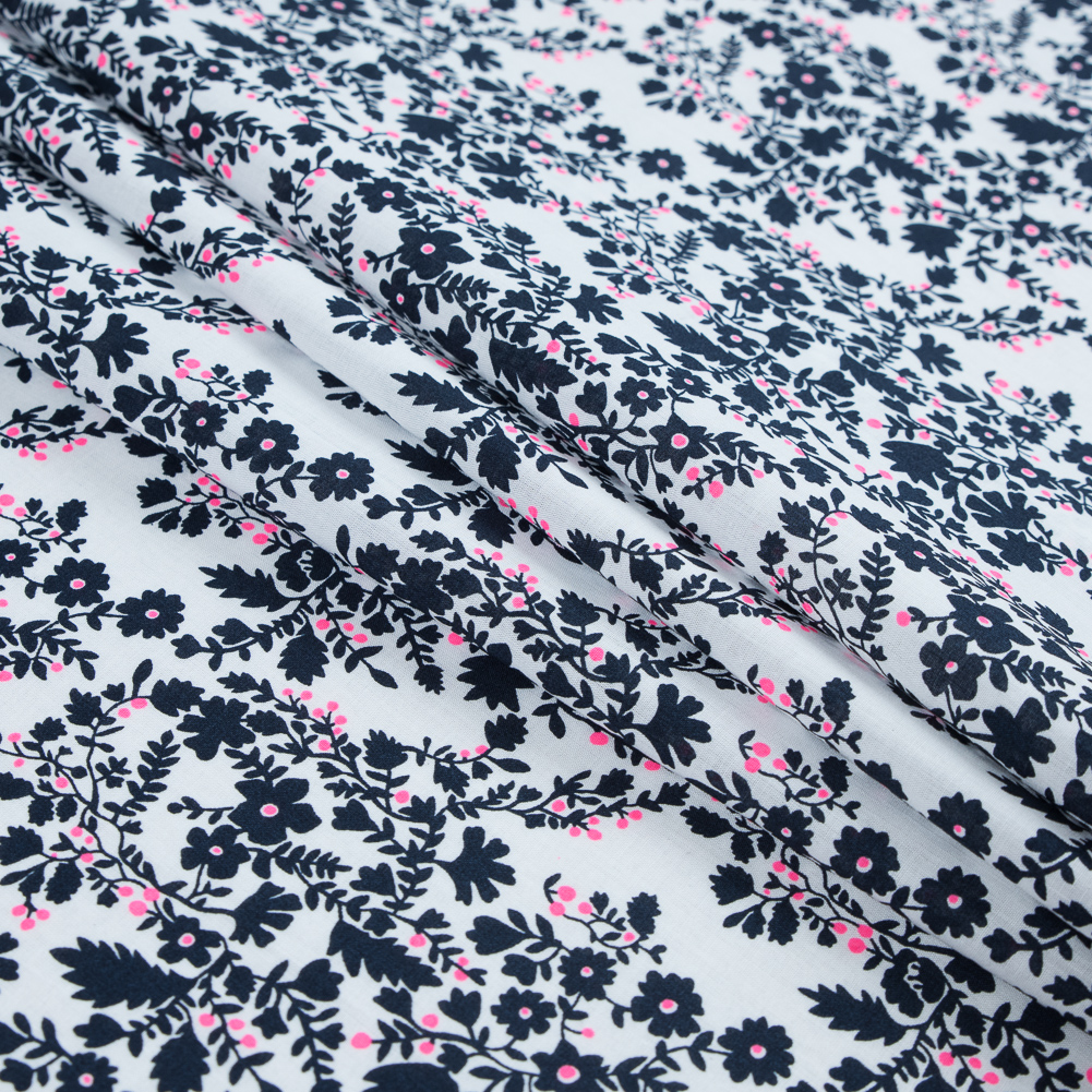Cotton Voile Print – Black Iris, White and Hot Pink Floral Cotton Voile Print – Black Iris, White and Hot Pink Floral