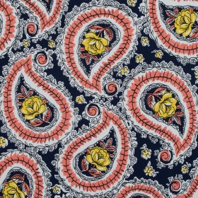 Black Iris, Melon and Cyber Yellow Paisley Stretch Cotton Sateen Black Iris, Melon and Cyber Yellow Paisley Stretch Cotton Sateen