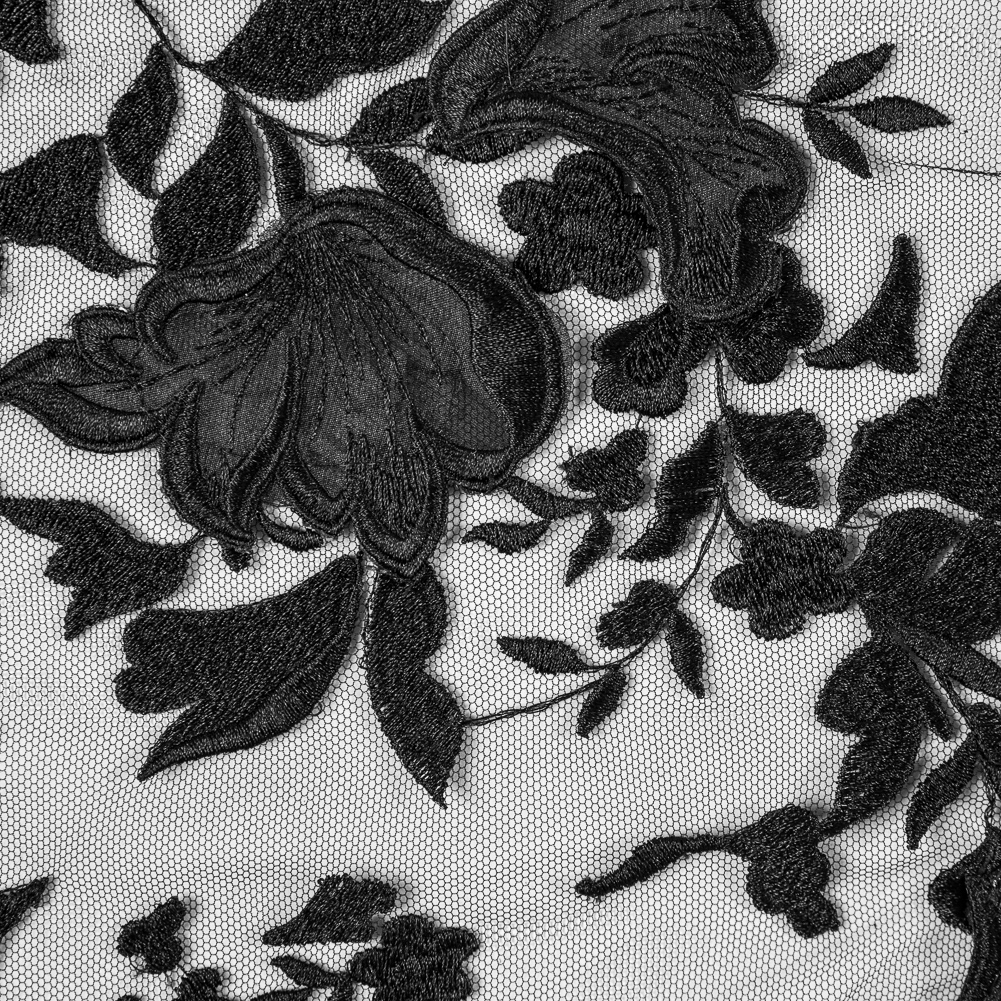 3D Embroidered Lace - Black Floral on Black Netting