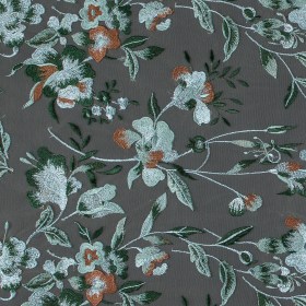 Metallic Whispering Blue, Greener Pastures and Sierra Floral Embroidered Lace on a Nude Netting Metallic Whispering Blue, Greener Pastures and Sierra Floral Embroidered Lace on a Nude Netting