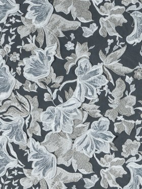 3D Embroidered Lace – White and Pale Gold Floral on White Netting 3D Embroidered Lace – White and Pale Gold Floral on White Netting