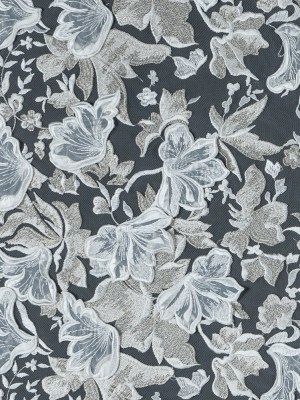 3D Embroidered Lace – White and Pale Gold Floral on White Netting 3D Embroidered Lace – White and Pale Gold Floral on White Netting