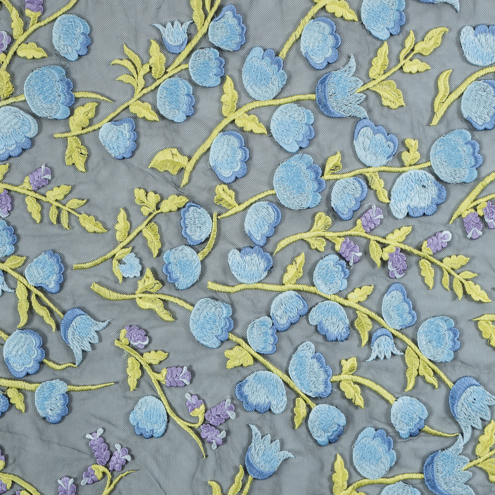 Sunny Lime, Orchid Bloom and Blue Bell Floral Embroidered Lace on Black Tulle Sunny Lime, Orchid Bloom and Blue Bell Floral Embroidered Lace on Black Tulle