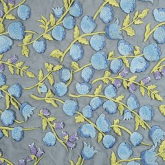 Sunny Lime, Orchid Bloom and Blue Bell Floral Embroidered Lace on Black Tulle Sunny Lime, Orchid Bloom and Blue Bell Floral Embroidered Lace on Black Tulle