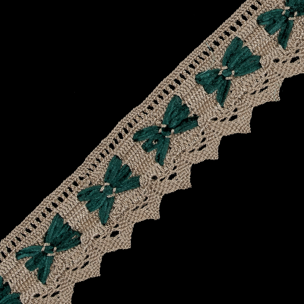 Beige Crochet Trim with Green Chenille Inserts - 1.5"