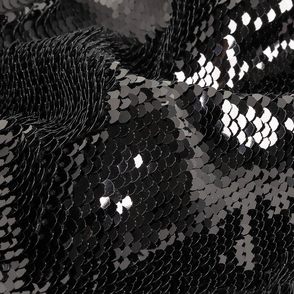 Stretch Rayon Jersey with Two-Tone Paillette Sequins – Iced Pewter and Nebulosity on Black – Nyla Collection Stretch Rayon Jersey with Two-Tone Paillette Sequins – Iced Pewter and Nebulosity on Black – Nyla Collection