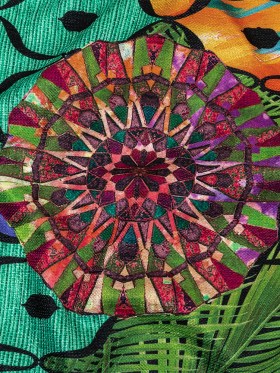 Green, Baja Blue and Orange Mandalas and Leaves Printed Polyester Chenille Green, Baja Blue and Orange Mandalas and Leaves Printed Polyester Chenille