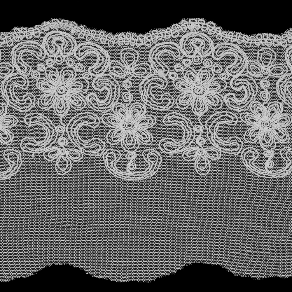 Off-White Floral Embroidered Mesh Trim with a Scalloped Edge - 5.5"
