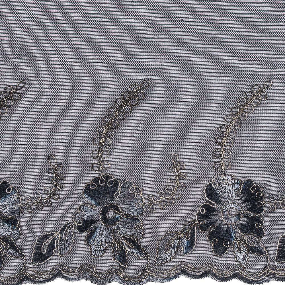 Black and Metallic Gold Embroidered Mesh with a Scalloped Edge - 7"