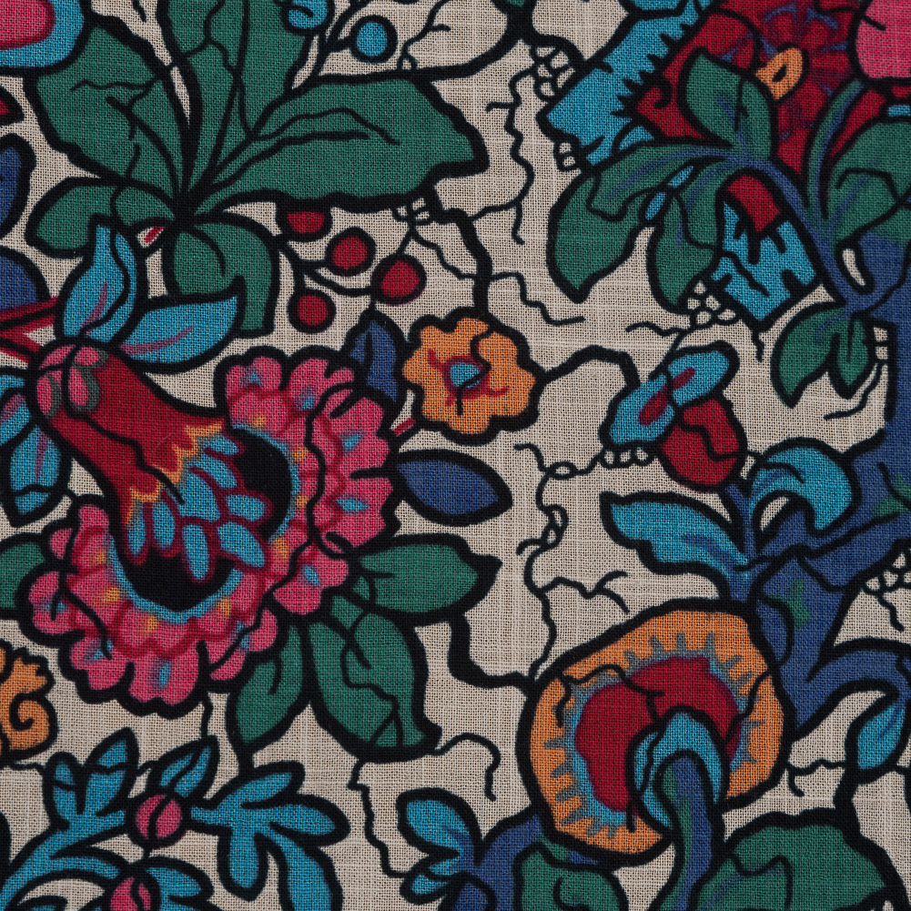 Multicolor Floral Printed Beige Cotton and Viscose Poplin Multicolor Floral Printed Beige Cotton and Viscose Poplin