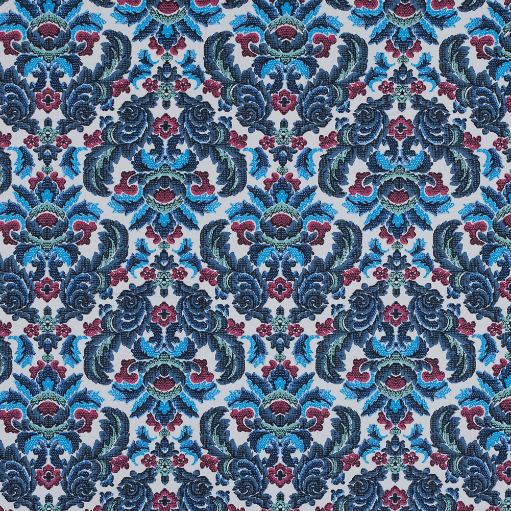 Bijou Blue, Red and Green Damask Stretch Cotton Poplin Bijou Blue, Red and Green Damask Stretch Cotton Poplin